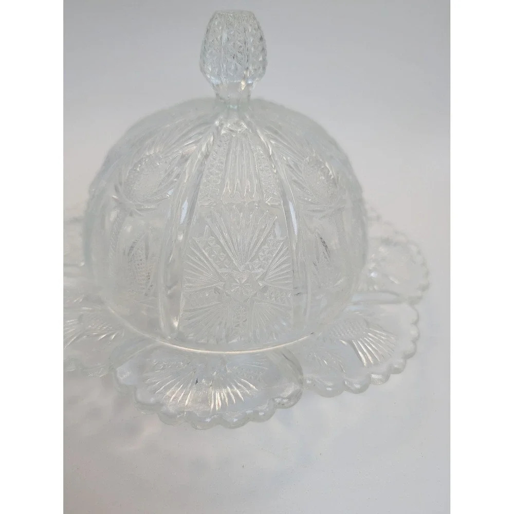 Vtg Clear Pressed Glass Higbee Thistle Starburst Domed Cheese Butter Dish 7.5in